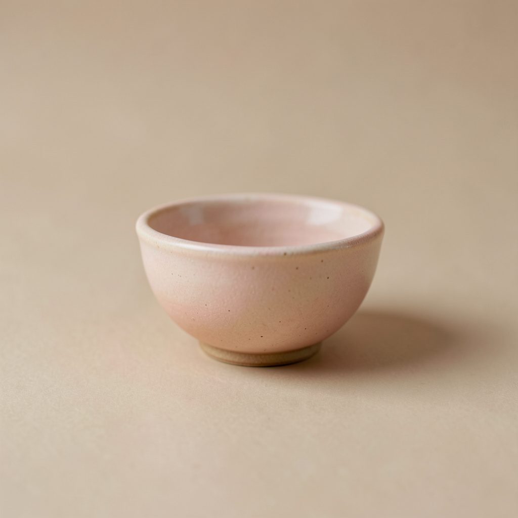 A small ceramic bowl with a soft blush glaze on a warm neutral background